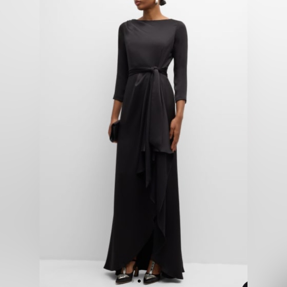 Rickie Freeman Teri Jon draped gown in crepe black satin